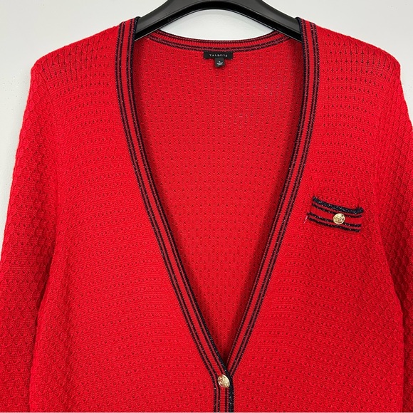 Talbots Wool Blend Long Cardigan Sweater Women’s Size L Metallic Trim Academia - Picture 4 of 8